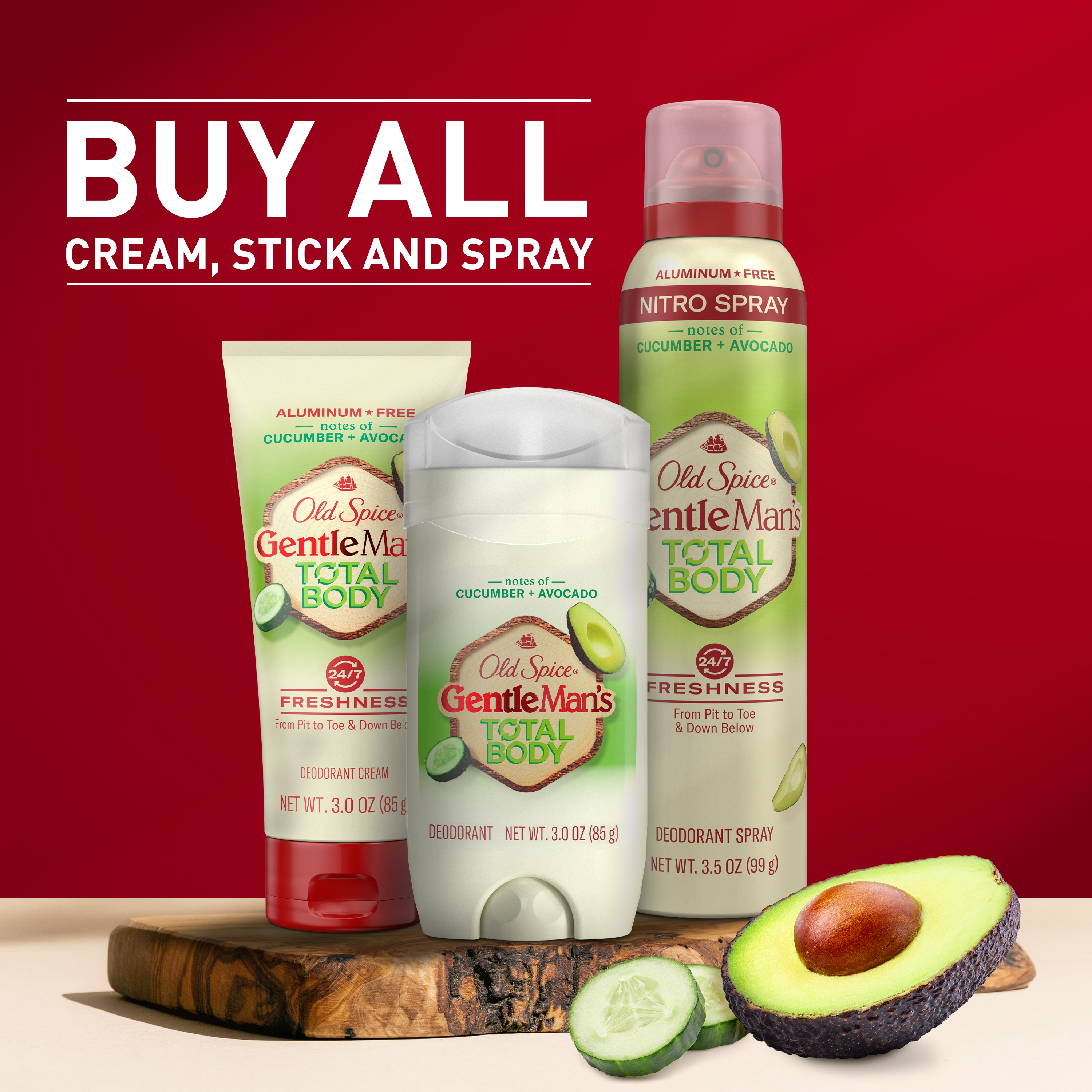 Old Spice GentleMan’s Blend Total Deodorant, Cucumber + Avocado, Aluminum Free Stick For 24/7 Freshness From Pits to Toes and Down Below, 3 oz