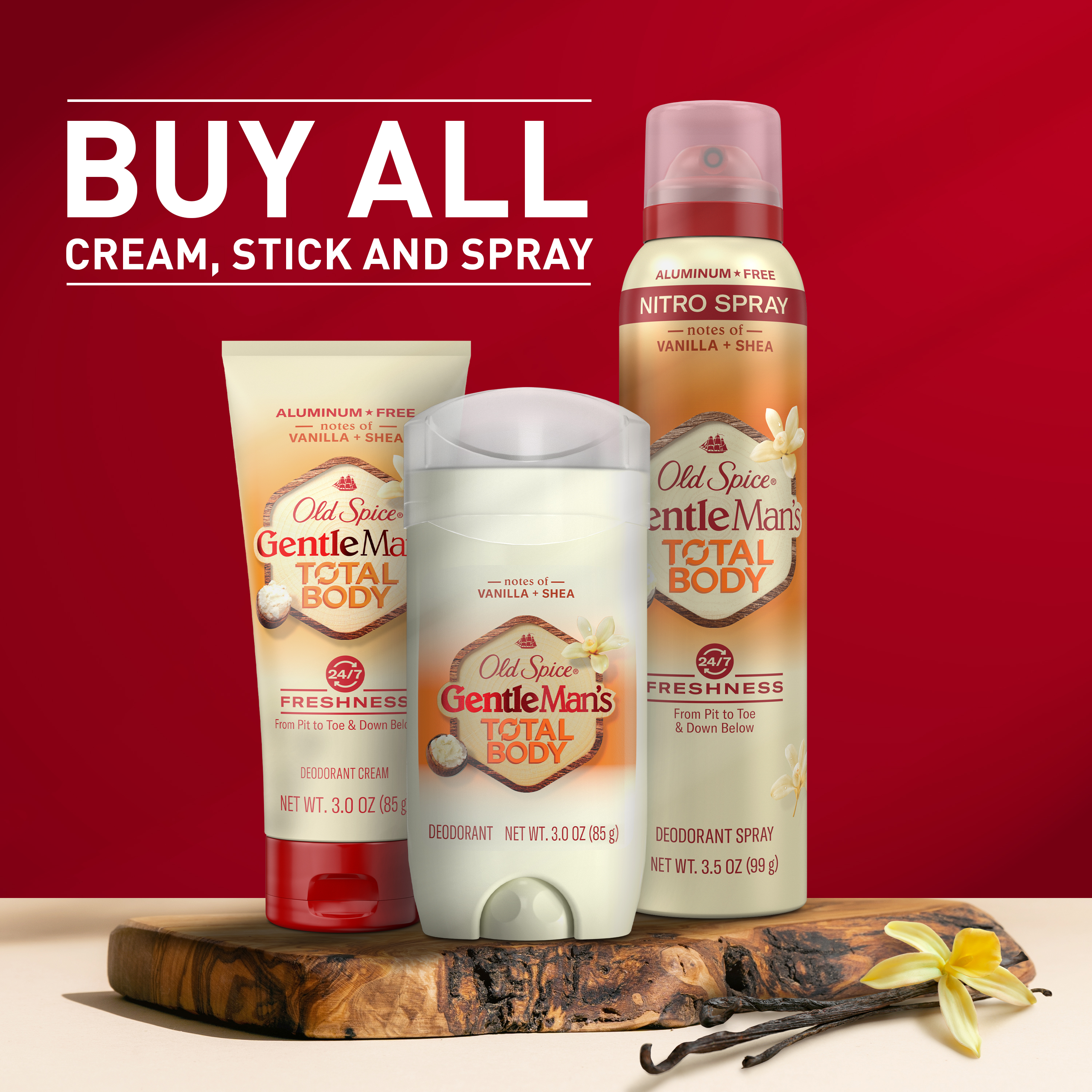 Available in Cream, Stick, and Spray. Old Spice GentleMan’s Blend Total Body Deodorant Men, Vanilla + Shea, Aluminum Free Spray 